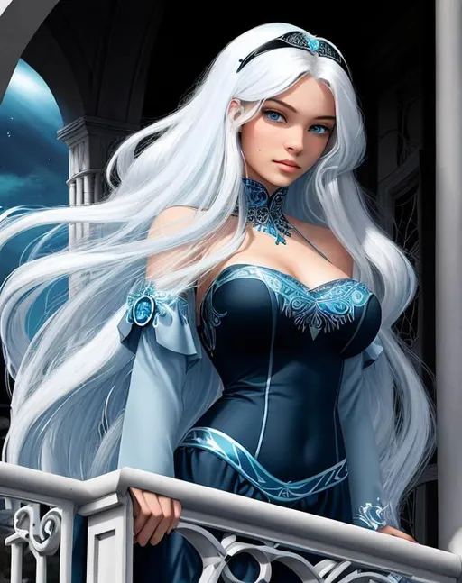 Prompt: A beautiful young 15 year old ((British)) Water elemental with light skin and a beautiful face. She has long white hair and white eyebrows. She wears a beautiful dark blue dress. She has brightly glowing dark blue eyes and water droplets shaped pupils. She wears a blue tiara. She has a blue aura around her. She is standing by a balcony in a blue castle. Beautiful scene art. Full body art. {{{{high quality art}}}} ((goddess)). Illustration. Concept art. Symmetrical face. Digital. Perfectly drawn. A cool background.