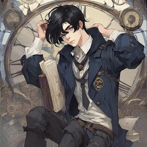 Prompt: youthful teenaged boy, pale skin, brooding, heavy bangs, long uneven black hair, partly tied back black hair, tired blue and black eyes, bookish, steampunk school uniform with cloak
