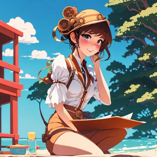 Prompt: Steampunk flat vector art, at the beach, beautiful anime style woman, flat color, clean detailed faces, intricate clothing, analogous colors, glowing shadows, beautiful gradient, depth of field, clean image, high quality, high detail, high definition, cute face, 8k resolution, concept art, Amanda Sage, staring at the sky, at table filled with maps and brass tools, 4k, trending on artstation, pixiv, perfect detailed, brass gears, tiny drones fixing the ship, masterpiece, bright colors, Sunny, Daylight