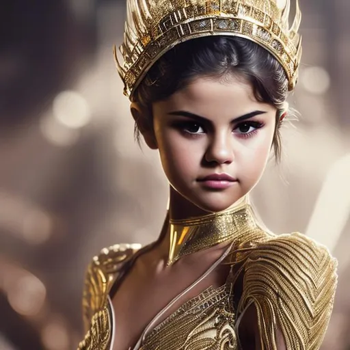 Prompt: selena gomez, detailed face, beautiful, skinny, anorexic, thin face, queen, gold fur crown, white gown, white gloves, scifi