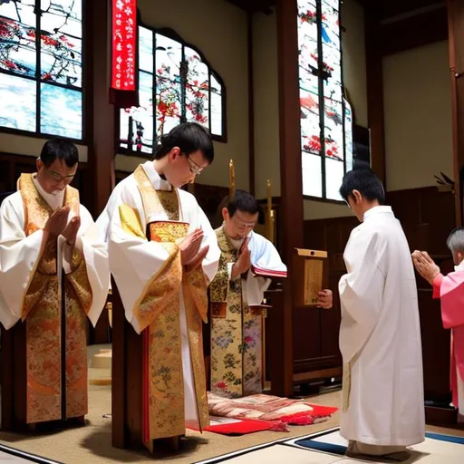 Prompt: At the altar, a Japanese priest, wearing traditional vestments with subtle Japanese motifs, leads the congregation in prayer, alternating between Latin and Japanese. 