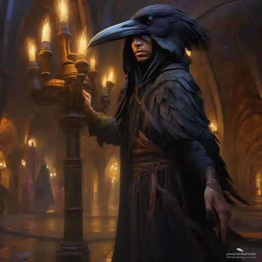 Prompt: Three-quarters portrait, ragged wizard raven-folk, kenku, humanoid crow person, thug, fantasy, highly detailed, digital painting, underground, black market background, low-lighting, art by Stanley Lau and Artgerm and magali villeneuve and Alphonse Mucha, artstation, octane render, cgsociety, HDR, UHD, 64k, best quality, best quality, masterpiece:1.5)
