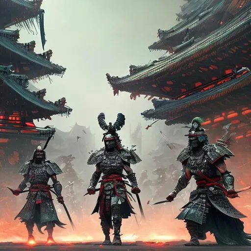 Prompt: A fantasy scene with warriors in future samurai armour training, architecture, ancient, fantasy art, digital painting, hyperdetailed, neon colours, green