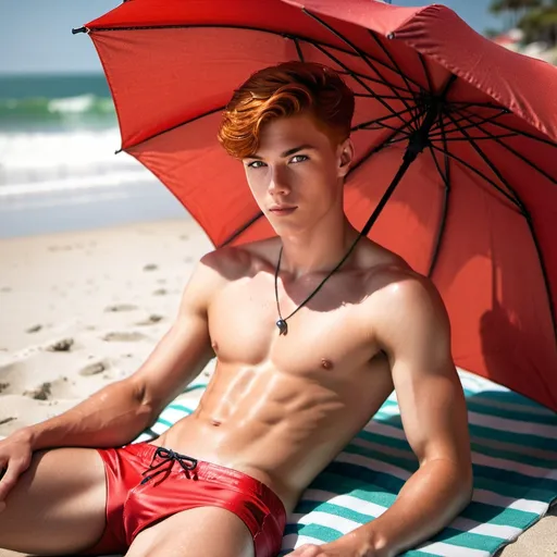 Prompt: Hot, slim, 19 year old guy with a slender physique laying on a towel under an umbrella at the beach. He has on red swim trunks, and no shirt, he has short red hair buzzed shorter on the sides and back, he has some cute freckles on his cheeks. Full body portrait. Realistic Lighting. Photo Realistic. Slender body.