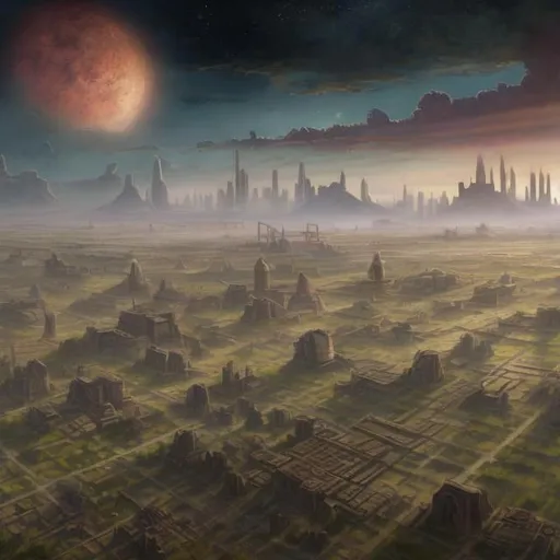 Prompt: A horizon of a fallen Ecumenopolis that has ruins of ancient sky scrapers and artificial sky domes marred with farmland in-between the ruins. The people are dressed in simple clothing reflecting an agrarian lifestyle. More than 80% of teh picture should show ruins of advanced civilization. This could include highways, solar farms, shipyards for spaceships, and advertisements on billboards. 