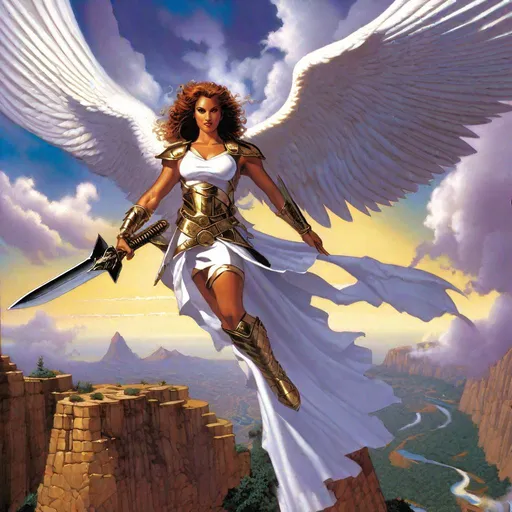 Prompt: "bliding angel, a painting of a woman with a sword and wings, as illustrated in top cow comics, magic the gathering artstyle, taking from above, 1993 video game cover, an eagle flying, rendered art, ability image, cloud jumper, artist interpretation"