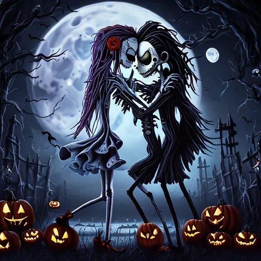 Prompt: Jack Skeleton and Sally dancing in Moonlight, Cinematic, 64k, Realistic, Halloween, UHD, vivid color, Movie grade, Tim Burton style, Claymation, 3d
