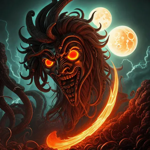 Prompt: Phobos- a deity god or entity associated with fear and panic of dread and terror, horror vibes, dark,  detailed, inspired by eiichiro oda, oda, inspired by one piece anime, 4k