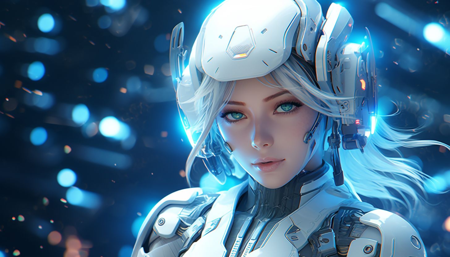 Prompt: anime android robot girl in space with blue eyes in the background wallpaper, in the style of realistic hyper-detailed portraits, neon art nouveau, light blue and silver, 32k uhd, pixelated realism, algorithmic artistry, futurist mechanical precision