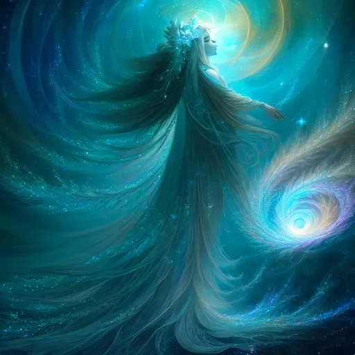 Prompt: {{{{highest quality concept art masterpiece}}}} digital drawing oil painting with {{visible fractal textured brush strokes}}, white prism, cosmic, etherial, goddess of light ,closeup, full body mature woman, long brown balayage cosmic fractal hair, wearing a long dark brown newton julia clusters fractal dress.