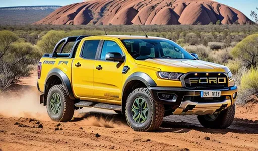 Prompt: ford ranger raptor in green., offroading in uluru with campers in background