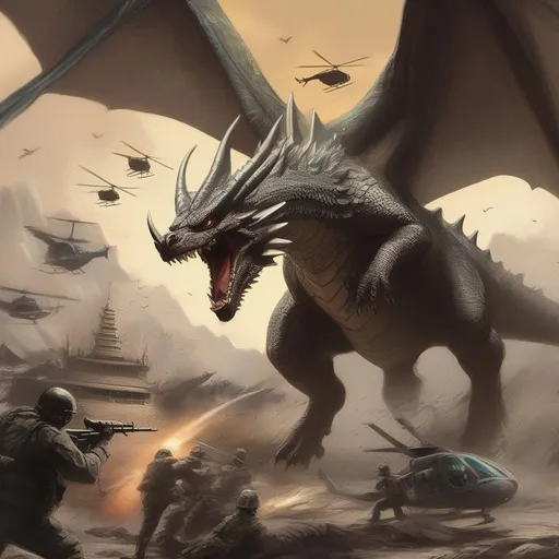 Prompt: concept art of kaiju wyvern dragon rearing up and fighting tiny army helicopters and soldiers