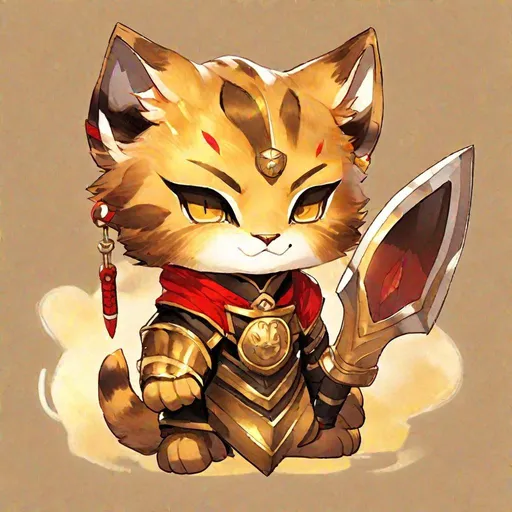 Prompt: Akaviri Potentate Sabre Cat Cub, dark brown fur, saber fangs, round cat ears, golden gladiator-like helm with a red crest, tan fur collar, golden disk pendant, masterpiece, best quality, (in watercolor painting style)