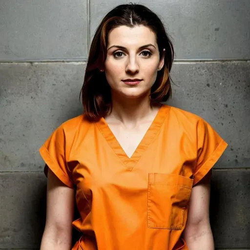 Prompt: young jodie whittaker in prison wearing orange scrubs prison uniform