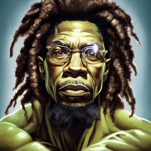 Prompt: A hyper realistic detailed full body of Malcolm X as incredible hulk, heroic, amazing splash screen artwork, splash art, Create fierce decisive face expression, mystical deep big brown eyes, dreadlock hair, elegant, intricate, fantasy, atmospheric lighting, cinematic,  wearing african jewels, highly detailed, digital painting, Trending on artstation, HD quality, very sophisticated, provocative, unbelievable talent, divine, godly