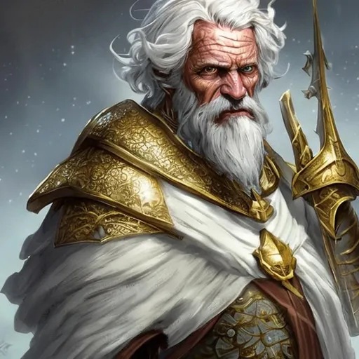 Prompt: Old man, Bishop-knight, gold and white, fantasy, d&d character, high detailed, photo realistic, full view
