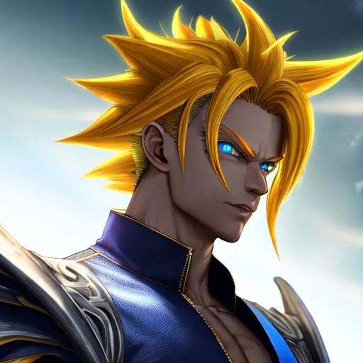 Prompt: Lucifer, face Realistic Human, Vegito, Aasimar, big wing, 8k, full Hd, monk aesthetic, radiance, wings, Cyberpunk, uhd, 14k, dragon ball z, blue hair, yellow hair, fusion