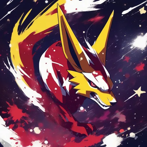 Prompt: Renamon, Angry and fierce, crimson splatters, space and stars above, cartoon style