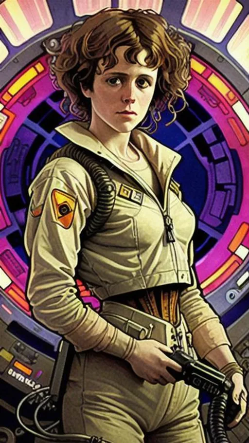 Prompt: alfons mucha style painting of ellen Ripley in a power loader, tech noir, highly detailed, dramatic lighting, masterpiece, elaborate background, accurate detailed faces, accurate hands