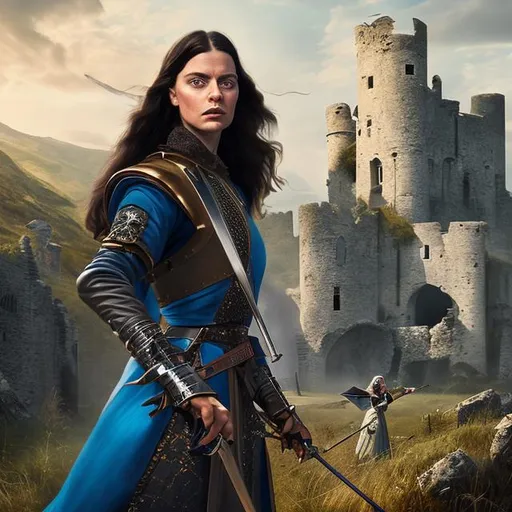 Prompt: female medieval duelist, black hair and blue eyes gorgeous young behind a ruined castle with artstation style

