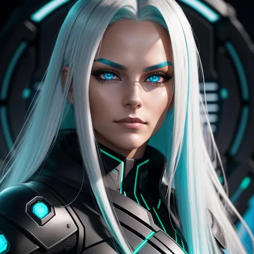 Prompt: Psyker, perfect composition, {25 year old}, lean tan skinned {German woman}, wearing futuristic {black future tech robes}, {long blonde and blue hair}, {green eyes}, peak fitness, determined expression, confident smirk, looking at viewer, 8k eyes, detailed symmetrical face, real, alive, real skin textures, 8k, cinematic volumetric light, proportional, sharp focus, studio photo, intricate details,