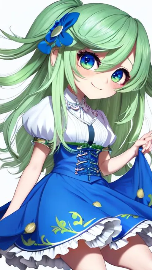Prompt: masterpiece, (Chibi), blonde hair, long hair, green eye, detailed face, happy, highlight eyes, pastel color, anime style, dress, white background, melon