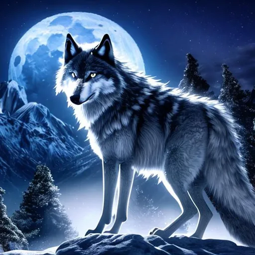 Prompt: moonlight wolf fullmoon howling with white eyes and glowy feet on mountain side view 4k 