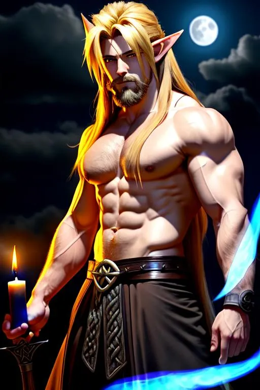 Prompt: masterpiece, smirk, handsome cloud strife and attractive, pointed long elf ears, god of halloween, fiery long hair, celtic, viking, large beard, vampire, wielding candle lit with blue flames, cinematic, full moon behind subject, ghostly aura, fog, extremely muscular:1.25, enchanting, (hot detailed gay muscle art:2), thunder clouds, dark magic, witchcraft, staff, coven, sigils, voodoo, highly-detailed symmetric perfectly male body huge gigantic muscles, cinematic magic and darkness color palette, spotlight,perfect composition, hyperrealistic, super detailed, 8k, high quality, sharp focus,intricate details, highly detailed, dynamic lighting, detailed and intricate environment,
