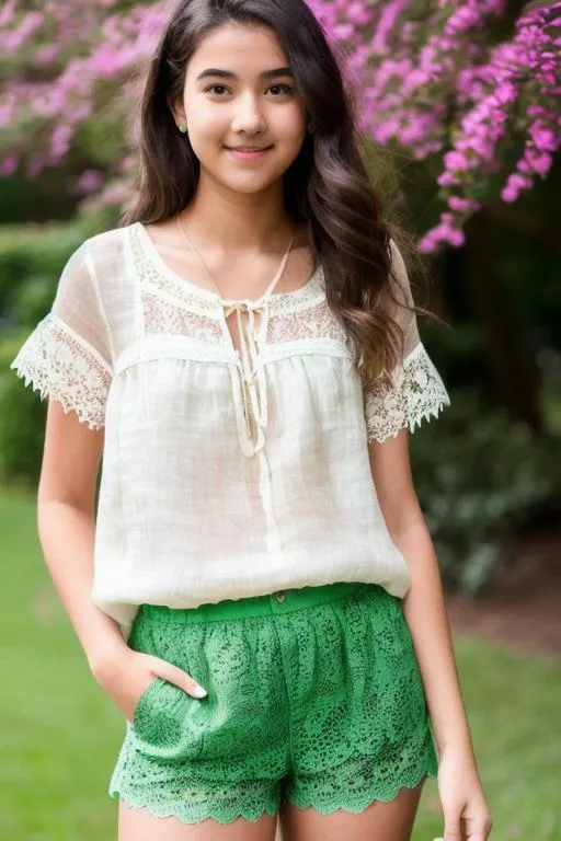Girl 17yo, green Lace Blouse, Linen Shorts, Park, | OpenArt
