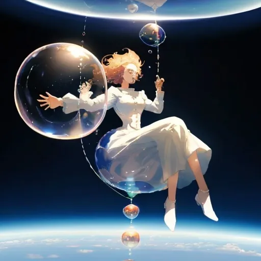 Prompt: A woman floating high in the sky inside a giant bubble