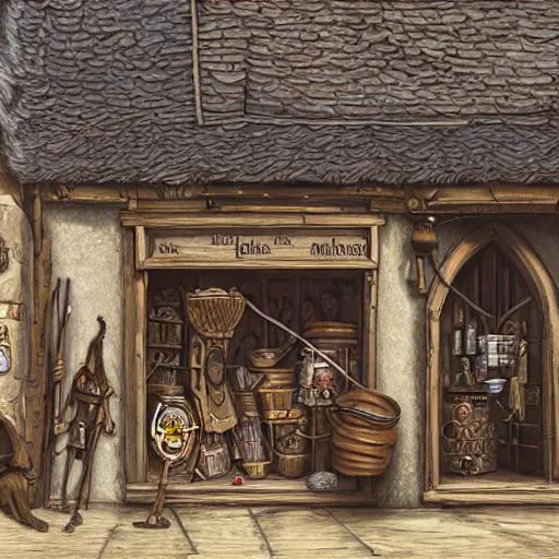 Prompt: A medieval adventuring supplies
 shop viewed from the outside, mundane items, backpacks, rope, texture, intricate, details, highly detailed, masterpiece, architecture, building, trending on artstation, focus, sharp focus, concept art, digital painting, fantasy, sunny, day, midday