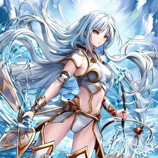 Prompt: warrior girl with very very long hair and a orbe of water