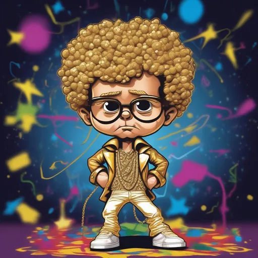 Prompt: half real low brow hard edge graffiti cartoon vector illustration {portrait of nerdy NAPOLEON DYNAMITE wearing big gold chain disco dancing} created by ed roth & jamie hewlett in the style of garbage pail kids, highly detailed, bokeh, cinemascope, moody, epic, flippin sweet
