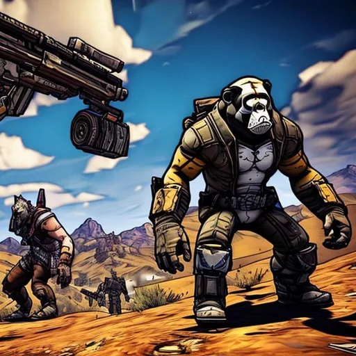 Prompt: Borderlands art style, cell shading, post-apocalyptic landscape, high quality, gorillas