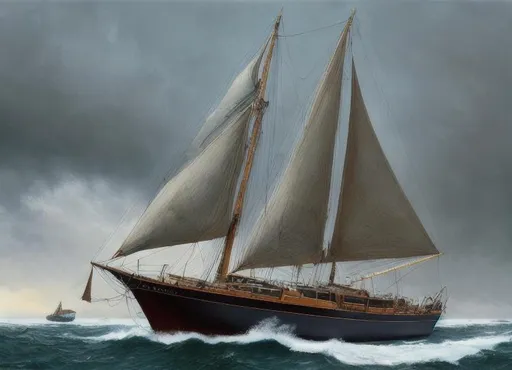 Prompt: A highly detailed oil painting of a sinking sailboat by (Michael Whelan).  +Symmetrical eyes, +hdr, +16:9, +stormy,  