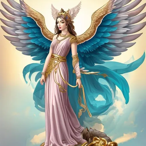Prompt: Very majestic Greek like cat goddess with epic majestic wings, gold pink and blue