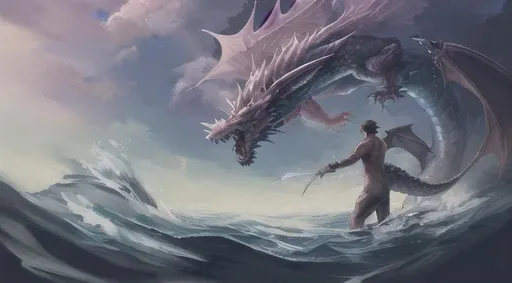 Prompt: A big fish/dragon when a man is swimming and trying to attack him