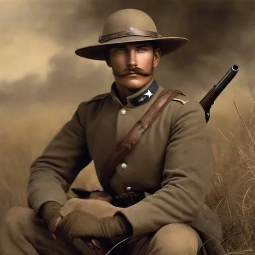 Prompt: Whole body. Full figure. Confederate light cavalryman. Wwi Anzac hat. In background Texas prairies. Well draw face. Detailed. realistic helmets. Historical photo. WWI pics.  