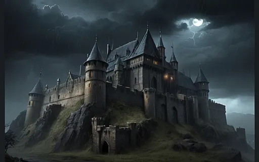 Prompt: Warhammer RPG style castle, at night,, eerie atmosphere, raining, moody and atmospheric lighting, cloudy sky, high quality, realistic, dark and gloomy, stormy weather, medieval fantasy, detailed stone textures, dramatic shadows, foreboding setting, ominous atmosphere, detailed rain effects, gothic, sinister, atmospheric lighting