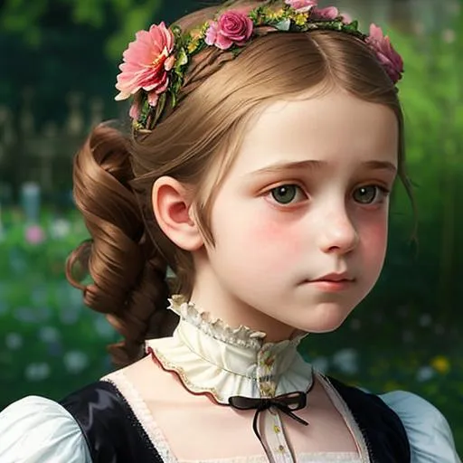 Prompt: a young girl wearing a victorian dress , several flowers in her hair, facial closeup