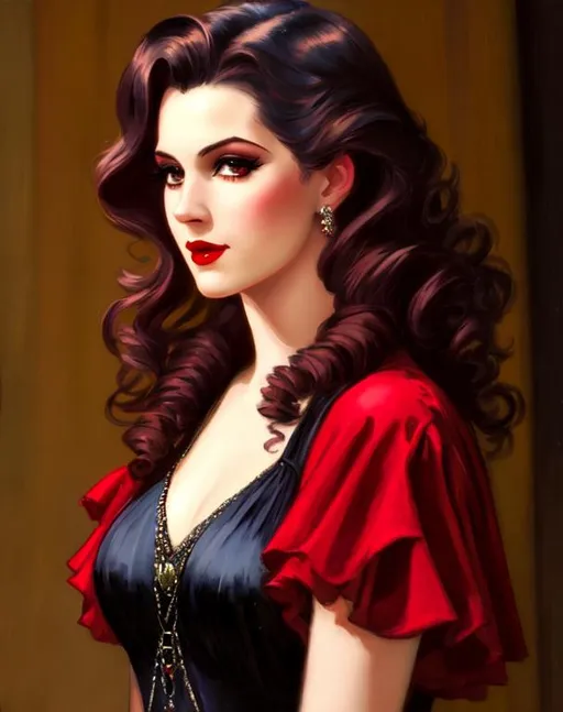 Prompt: Beautiful female toreador from vampire the masquerade, Haddon Hubbard Sundblom, post-impressionist style oil painting, 1930's clothing, 1930's hairstyle, very detailed, photorealistic, UHD