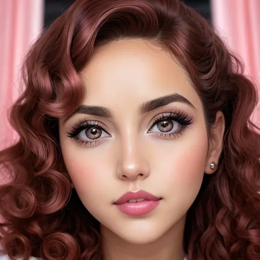 Prompt: woman with big  eyes and carmine lips, curly hair,,  pink cheeks