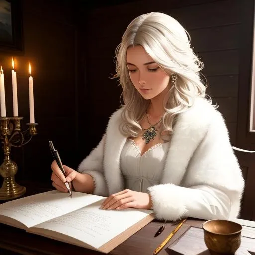 Prompt: ((Masterpiece, best quality))
{Alex Chow | Greg Rutkowski | ArtStation}.
Painting of a beautiful white woman in her 20s with (fluffy hair) writing using a ((quill)). (Soul: 1.6) (Characteristics: 1.6). (wood cabin background | candles)
Detailed face. Detailed eyes. Highly detailed. 
(UHD:1.2), HDR, 8K, Unreal Engine 5. Highly accurate lighting, and extraordinary reflection. 
