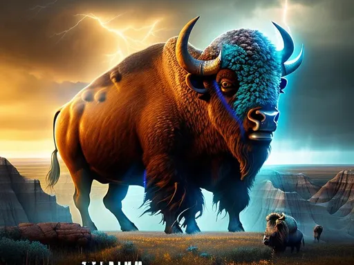 Prompt: Style: ultra realistic cinematic animation graphic. Making the bison appear heroic and legendary. The bison stands on the edge of a cliff in the Dakota Badlands. Change the background into a ver dark night sky, dramatic storm clouds with heat lightning, moody environment with fog appearing. Fading golden tones with hints of turquoise blue color the Bandland features behind the bison. 