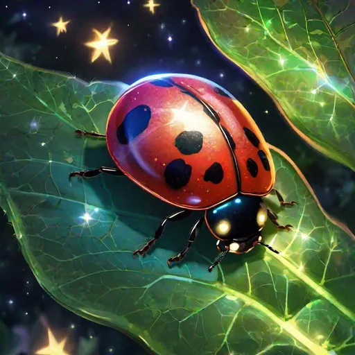 Prompt: A translucent ladybug that is glowing, on a leaf, beneath the stars, bioluminescent, highres, best quality, concept art