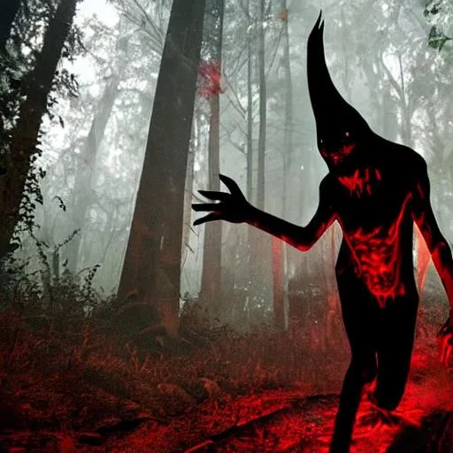 Prompt: Tall and slimy thin Shadow creatures, with long, clawed fingers and razor-sharp teeth.  Their skin is black as pitch, and their eyes gleam with an eerie red light. They move with speed and agility. They hunt in the Forest shadows and have a glow to them.

