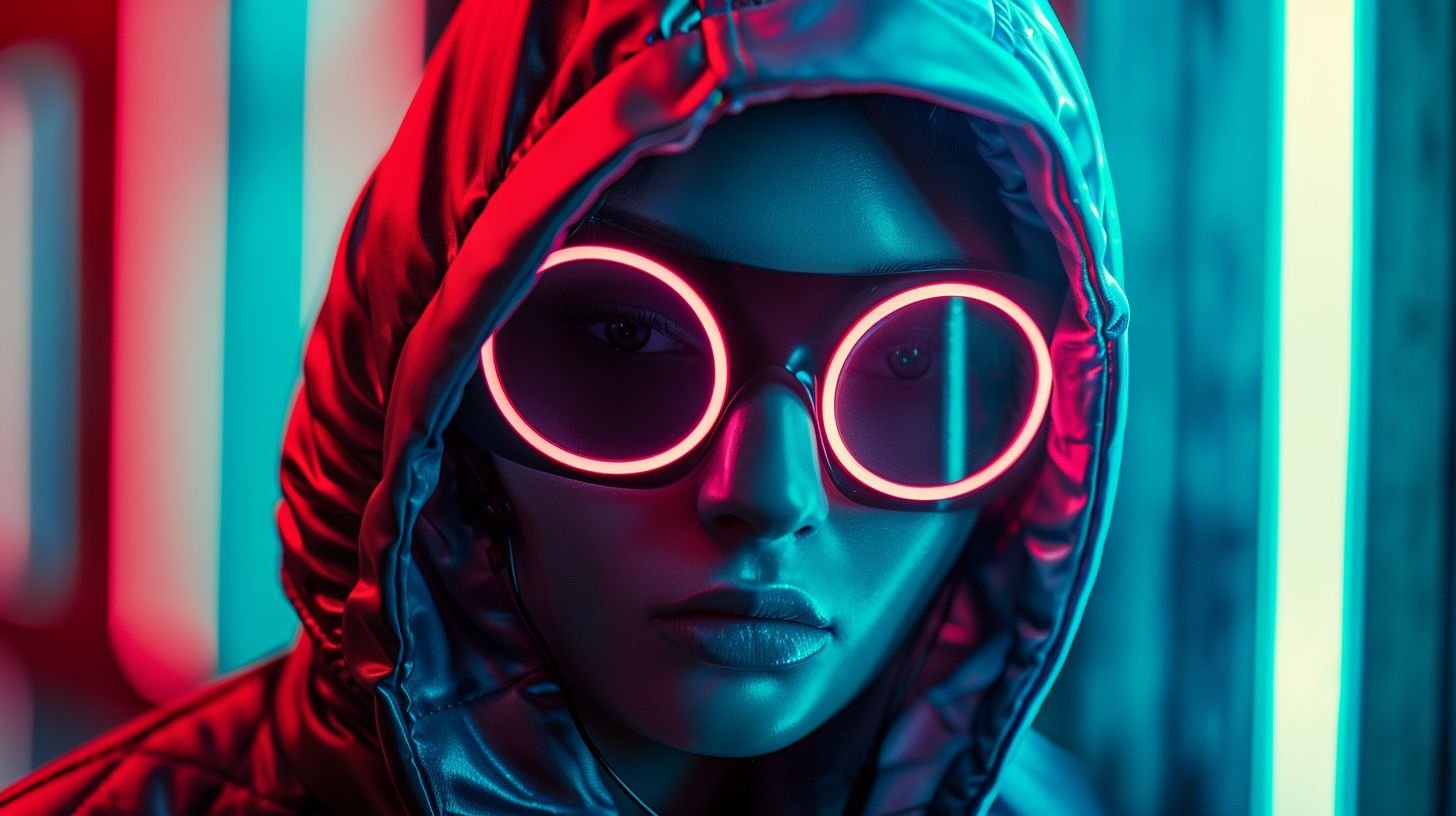 Prompt: Photo of a man wearing a unique head mask, bathed in the glow of neon lights, evoking a sense of cubo-futurism and b-movie aesthetics --ar 16:9 --sref https://s.mj.run/WhIBxqYHVCk --stylize 750