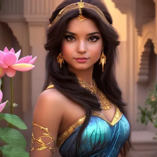 Prompt: professional photo disney jasmine as live action human woman hd hyper realistic beautiful arabian princess black hair olive skin brown eyes beautiful face blue harem outfit enchanting
arabian palace hd background with live action realistic tiger cubs and lotus flowers