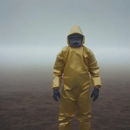 Prompt: Guy in a hazmat suit standing in an empty field at day with fog