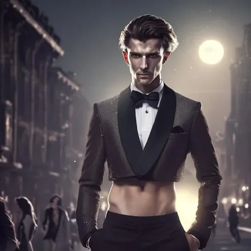 Prompt: a beautiful 4k photo of an attractive long-haired young man with a six pack abs wearing a crop top black long sleeve tuxedo with a bowtie and a bare midriff, exposed belly button, man is walking on the street, a full moon in the sky, detailed, sharp focus, face by wlop, extremely detailed, dramatic lighting, cinematic lighting, smooth, sharp focus trending on artstation, award winning art